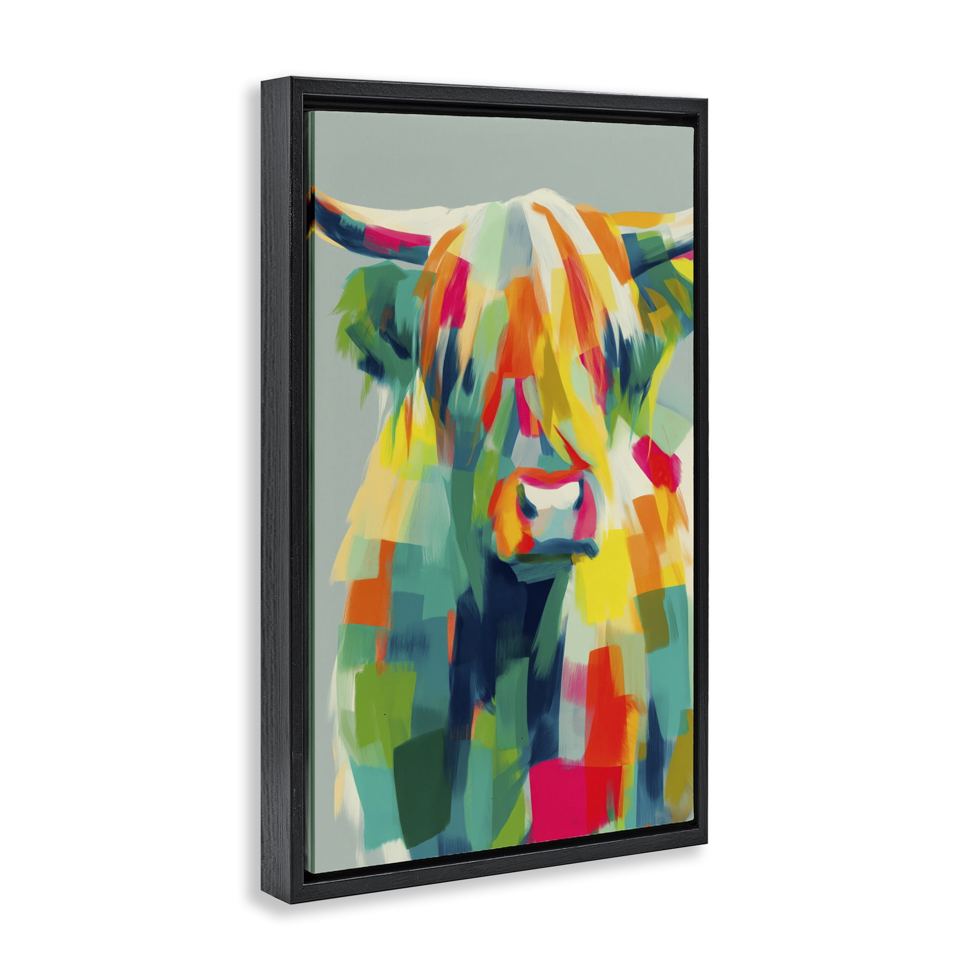 Stupell Industries Highland Cow Abstract Patchwork Black Framed Floater Canvas Wall Art, design by Chromatic Storm Studio