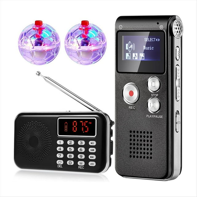 Kit de 4 Equipos: Radio FM con Grabadora de Voz Digital de 8 GB y 2 Luces LED Tipo Bola para Gatos. Baterías para Escaneo.