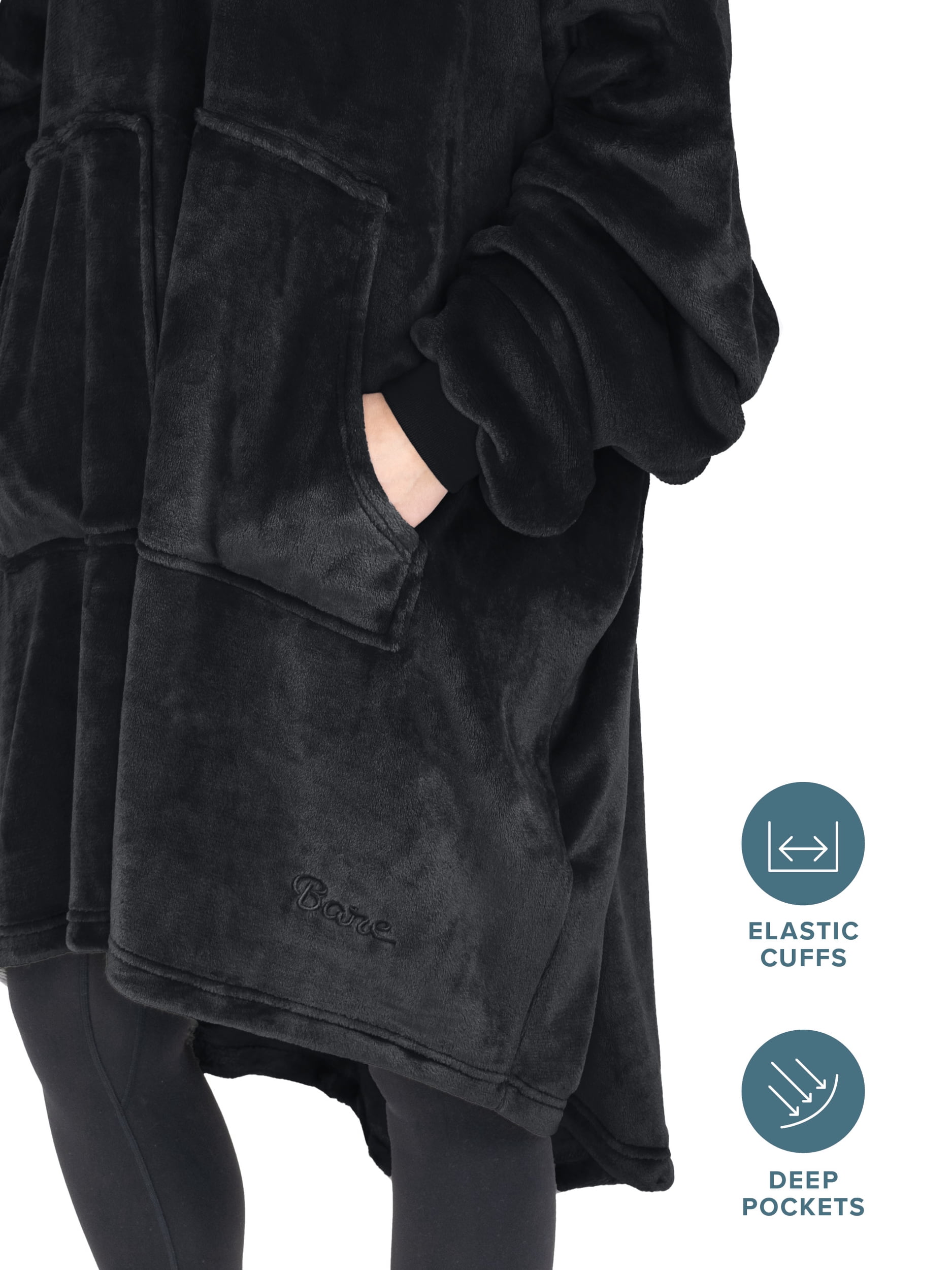 Bare Homey Adult Size Microplush Wearable Blanket, Split Front Pocket, Black