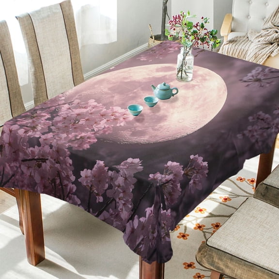 BZSMCE Square Tablecloth Cherry Blossom Moon Glow Pattern Tableclothes