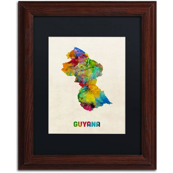 Trademark Fine Art "Guyana Watercolor Map" Canvas Art by Michael Tompsett Black Matte, Wood Frame