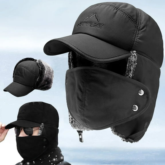 AYAMAYA Winter Trapper Hat Ushanka for Men Women, Warm Russian Hats with Ear Flap Windproof Mask Thermal Faux Fur for Hunting Skiing, Black