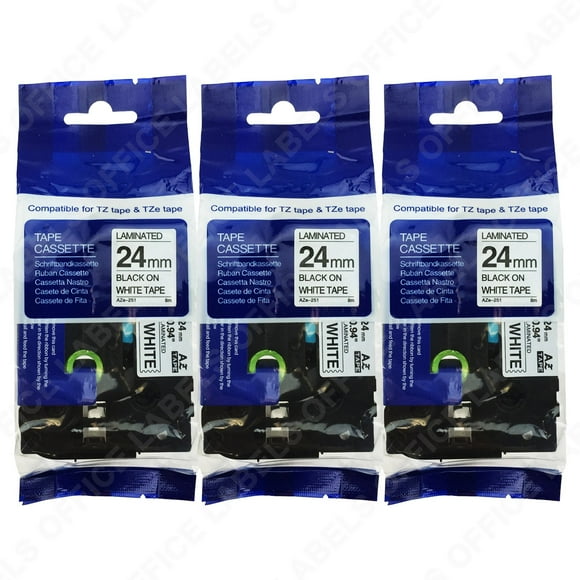3 Pack of TZe251 Black on White Compatible Tape for BROTHER P-Touch 1" (24mm x 8m) TZE 251 TZE-251