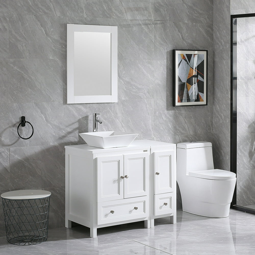 Wonline 36 White Bathroom Vanity Cabinet And Ceramic Vessel Sink Equipped With Chrome Faucet 