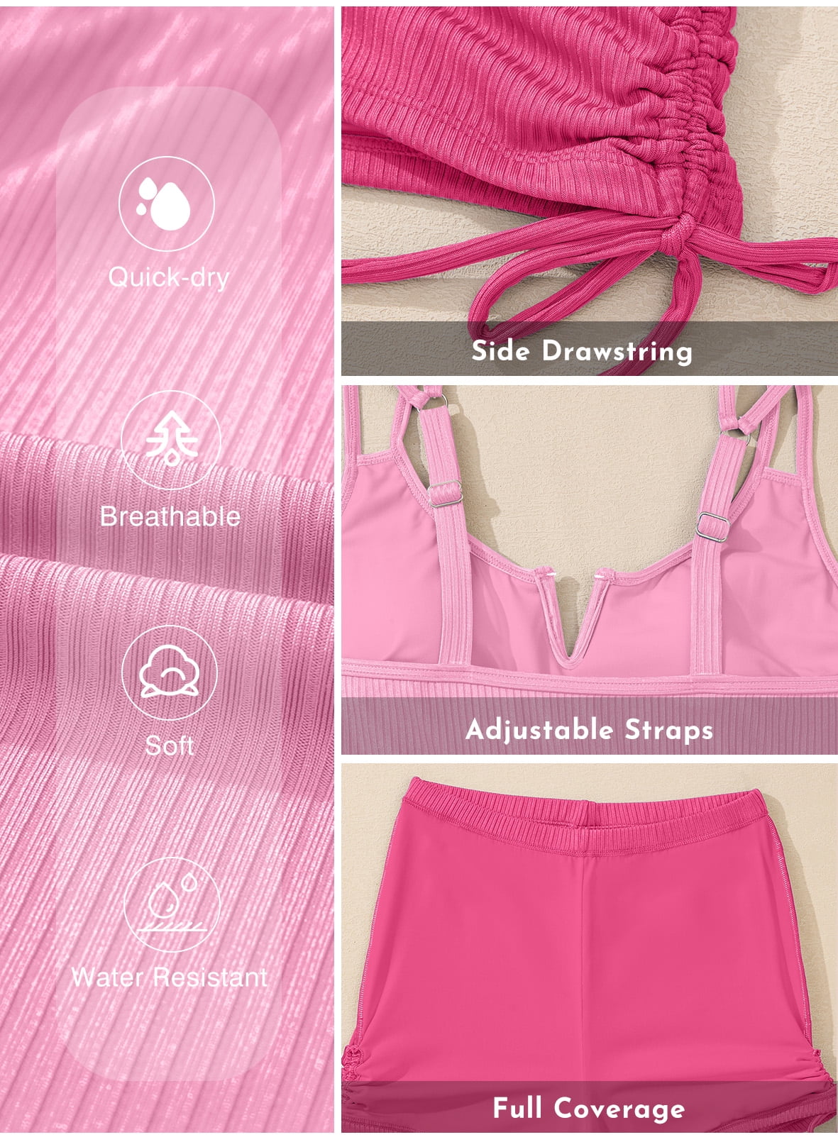 Eytino Swimwear for Womens Two Piece Tankini Swimsuits Tummy Control Bathing Suit V Neck Swim Suits Tankini Top with Boyshorts Swimwear Pink S-2XL