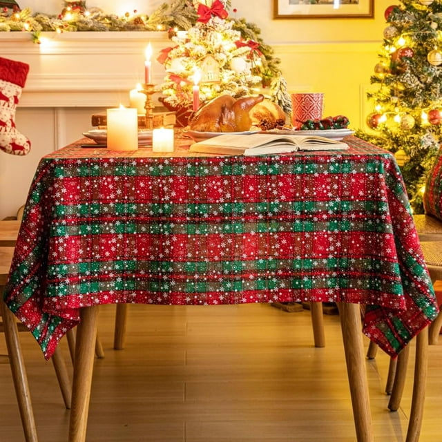 Red Green Plaid Snowflake Christmas Tablecloth 60x120, Tartan Table Cloth Decorations, Winter Holiday Tablecloths for Rectangle Tables Parties Dining Farmhouse Kitchen Decor
