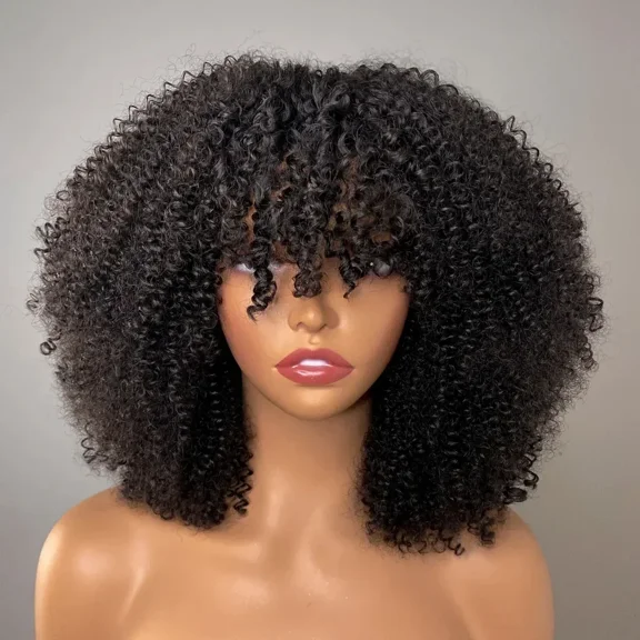 Adjustable Afro Kinky Curly Wigs with Bangs 200 Density Brazilian Remy Human Hair Full Machine Made Wigs Short Afro Curly Wigs for Women, Typpkmm