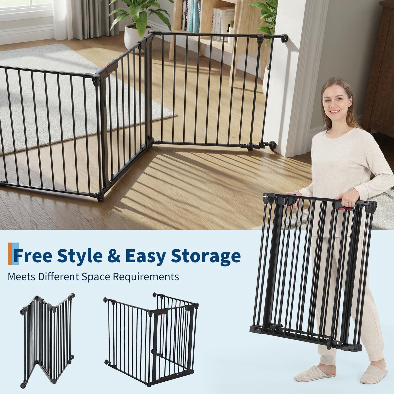 Collapsible Metal Baby Safety Gate – 29" Tall, Playpen with Lockable Door, Adjustable Portable Pet & Child Barrier for Doors – Black, 3 Panels