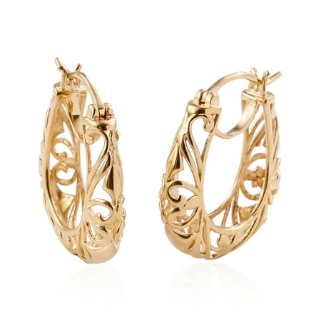 Womens Brown Ion Plated - Heart Filigree Round Openwork Basket Hoops Hoop Earrings 14K Yellow Gold/Rose Gold/Platinum ION Plated for Women Hypoallergenic Jewelry Gift