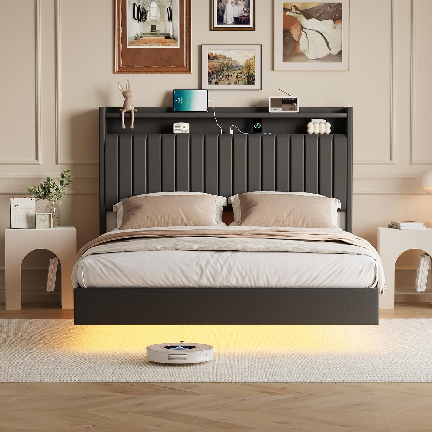 Full/Queen Size Floating Platform Bed with RGB LED Light and USB Charging Station,PU Leather Upholstered Queen Bed Frame with Storage Headboard,No Box Spring Needed