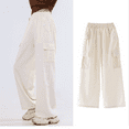 thumbnail image 3 of Pandaie Girls Parachute Cargo Pants Elastic High Waist Drawstring Jogger Trousers Casual Loose Aesthetic Streetwear Sweatpants Beige 10-12 Years, 3 of 5