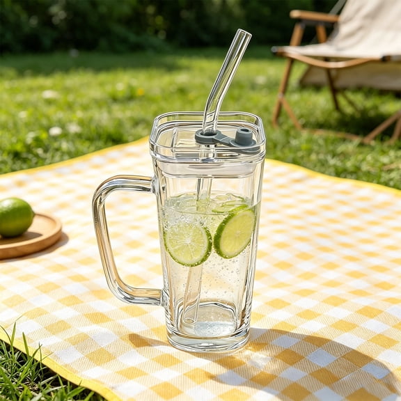 Glass Water Cup with Handle and Lid | Reusable Glass Straw | 250ml Beverage Cup for Hot and Cold Drinks | Insulated Drinking Glass for Home, Office, and Dorm Use