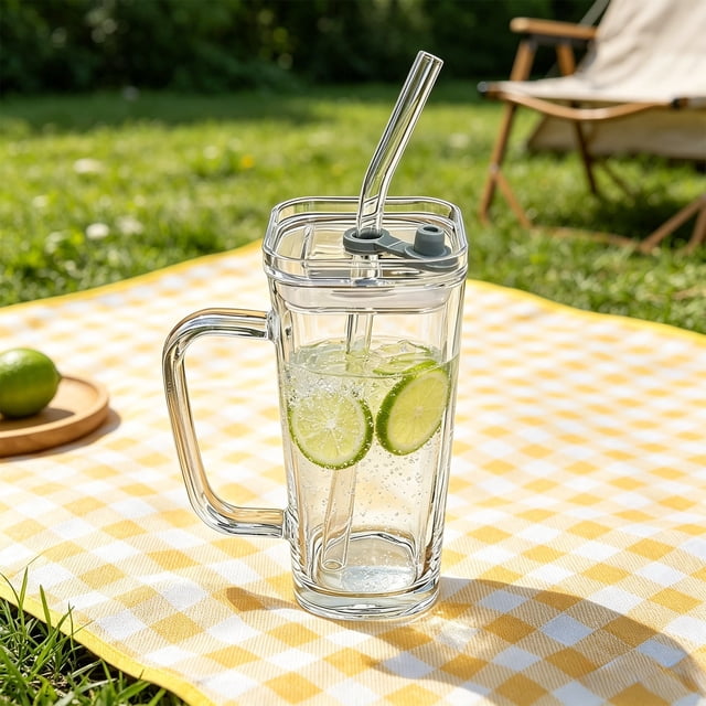 Vaso de agua de vidrio con asa y tapa – Vaso de vidrio de 250 ml con pajita para café, té, refrescos y otras bebidas en casa, la oficina o al aire libre.