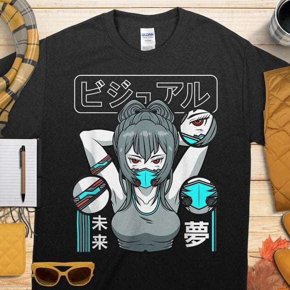 T-Shirt Unisexe Esthétique Vaporwave Waifu Masque Anime Fille Retrowave B1458, jusqu'à Taille 5TG
