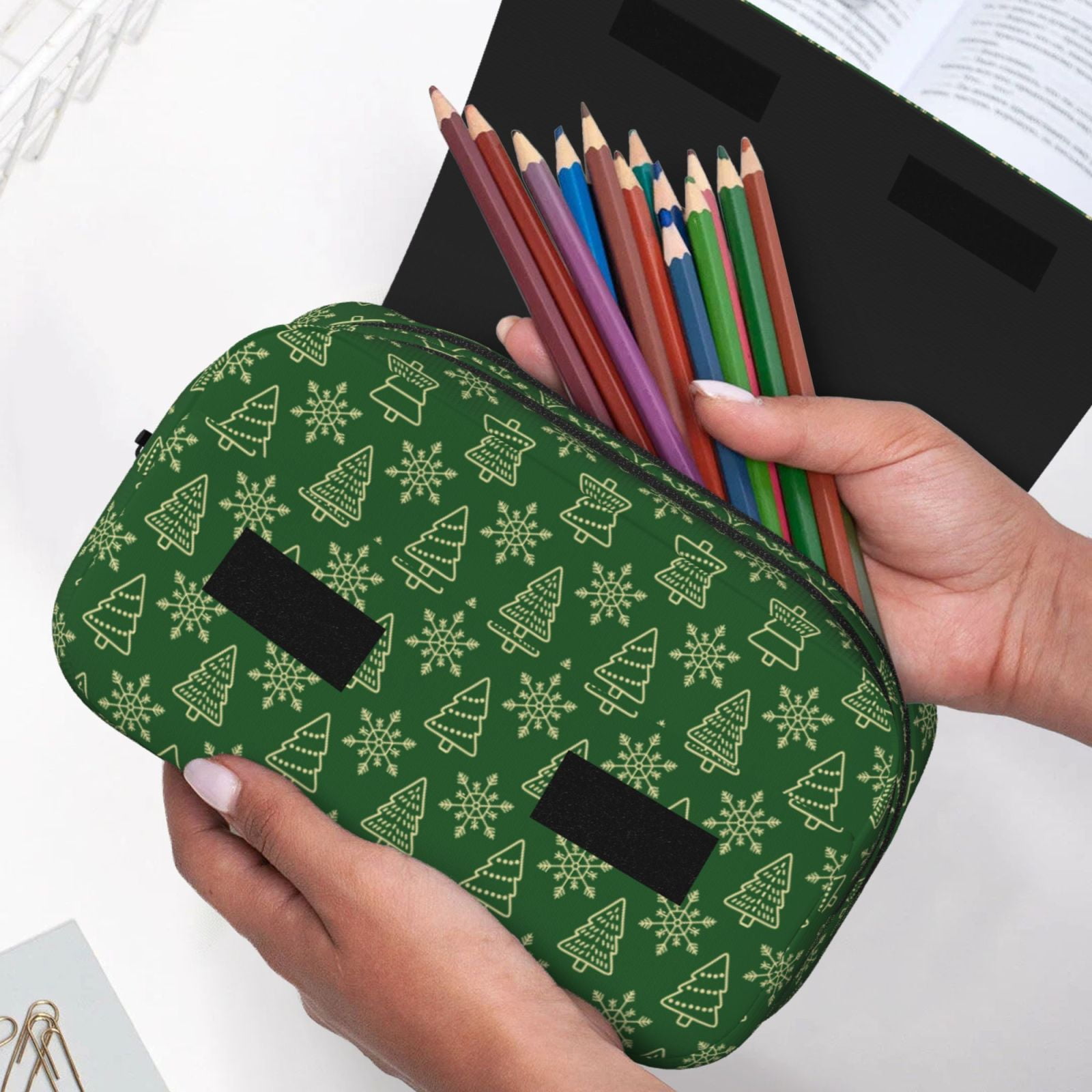 Rateoe Christmas (2) Pattern Double Clamshell Pen Case, Storage Organizer with Two Zipper Compartments– Holds Up to 50 Pencils & Pens