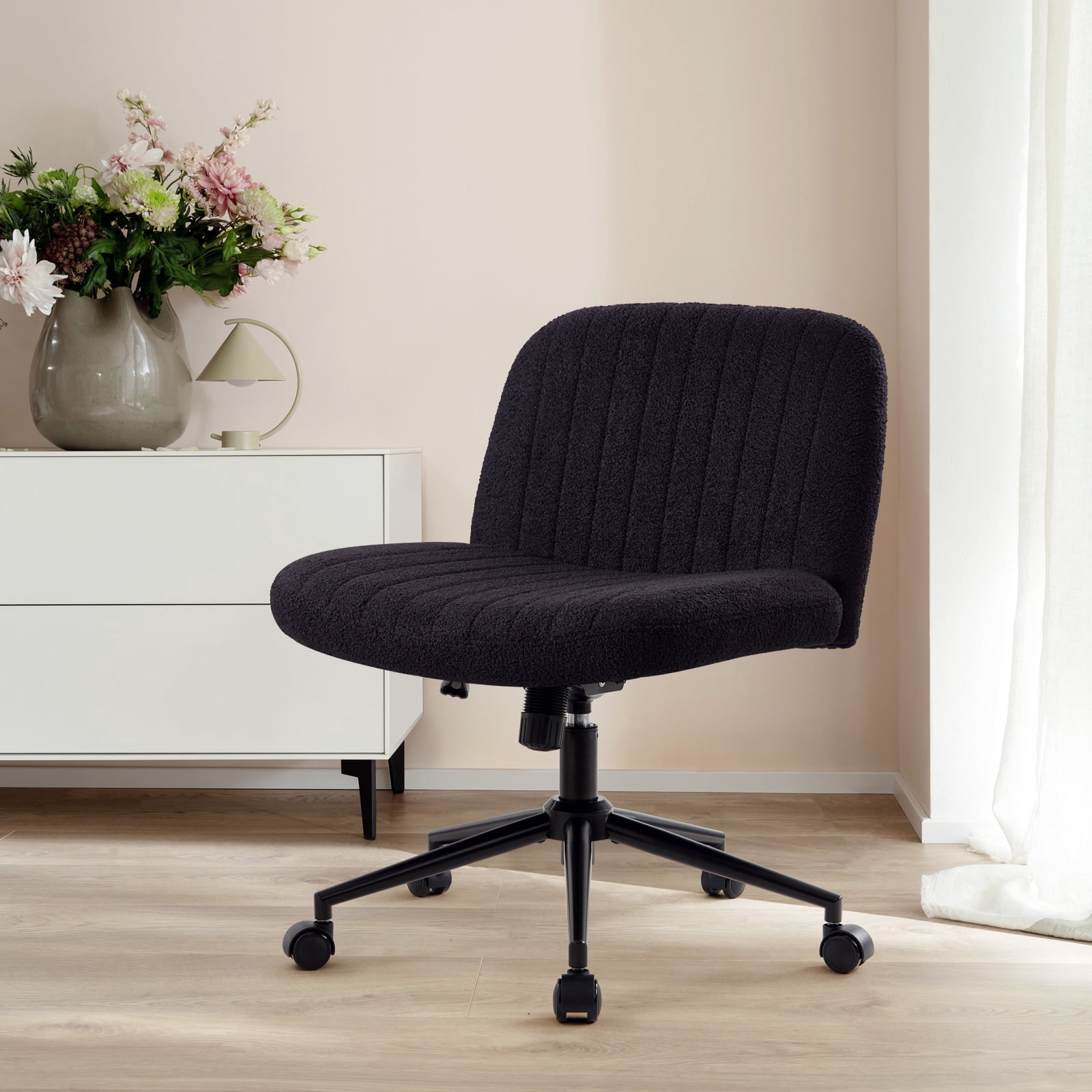 Black Criss Cross Chair Cross Legged Office Chair with Wheels Armless Wide Seat Desk Chairs Height Adjustable Computer Task Chairs Swivel Vanity Chair for Home Office Bedroom Make Up Soft Fabric