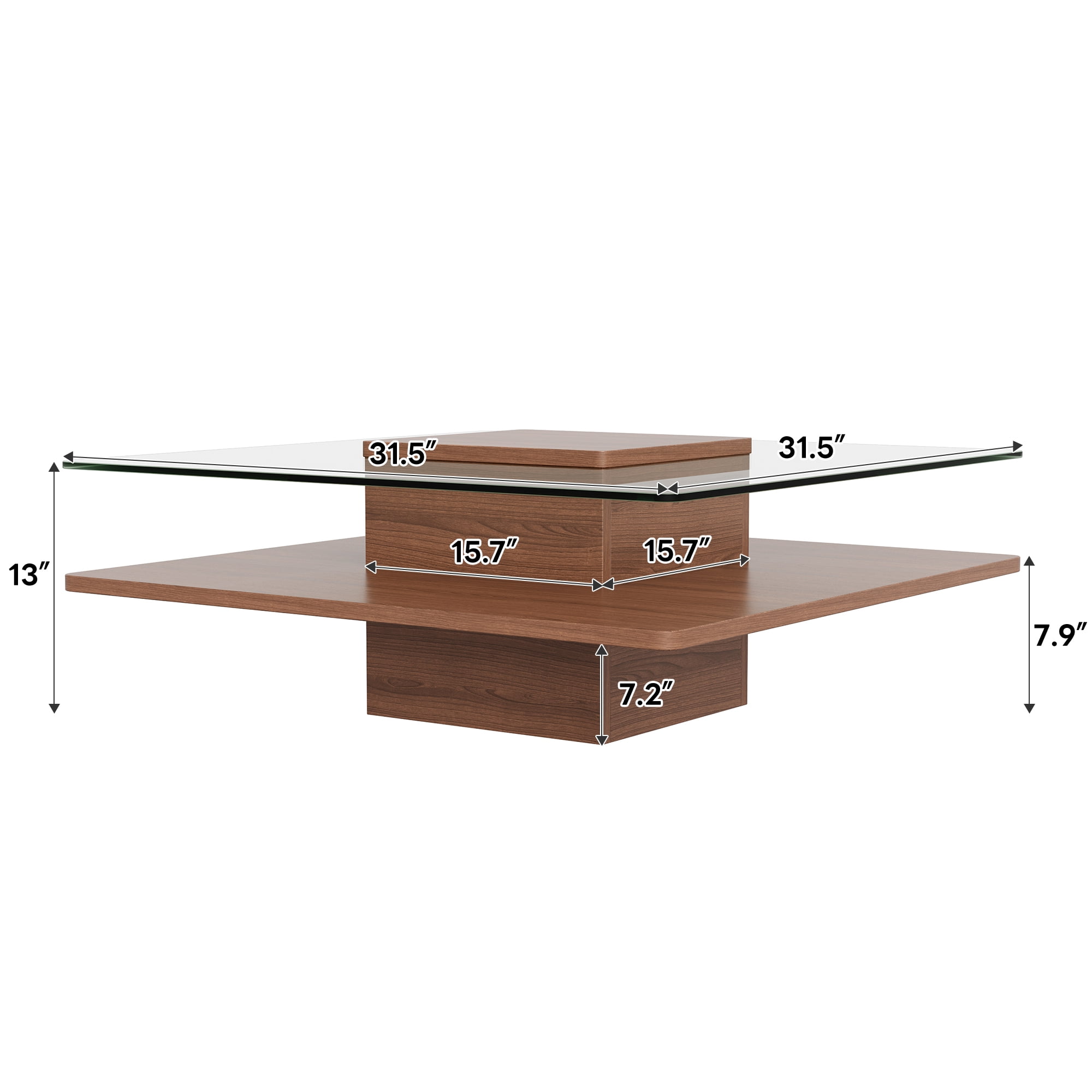 The Square Coffee Table with Clear Tempered Glass Top and Storage Shelf, Walnut Finish, 31.5"