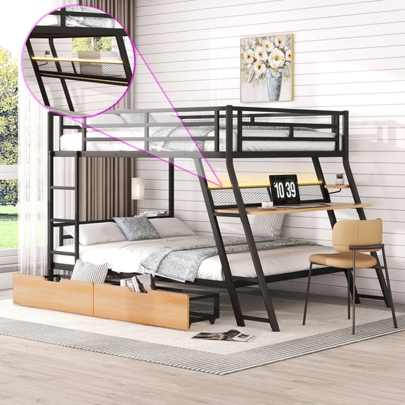 Euroco Metal Full over Full Bunk Bed with Desk and LED Light, Black