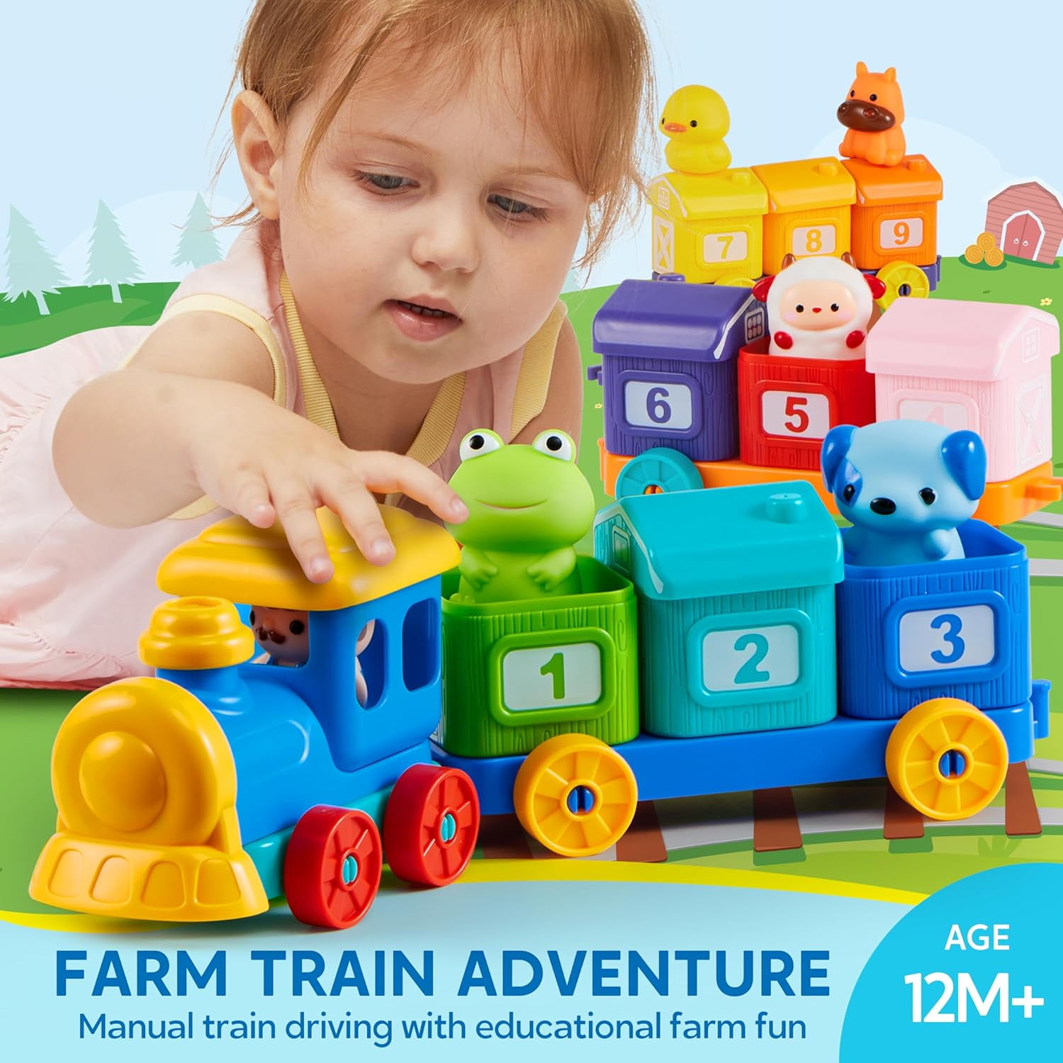 Joyfy Montessori Learning Toys for Toddlers 1 2 3 Years Old, Counting, Matching & Sorting Toy Train with 9 Farm Animals & 1 Farmer Finger Puppets, Christmas Birthday Gift for Baby Boys Girls
