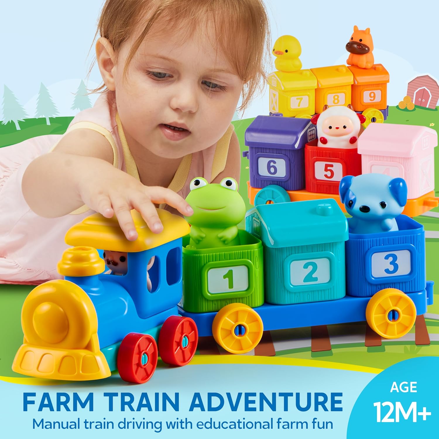 Joyfy Juguetes Educativos Montessori para Niños Pequeños de 1 2 3 Años, Tren de Contar, Emparejar y Clasificar con 9 Animales de Granja y 1 Títere de Dedo de Granjero, Regalo de Navidad y Cumpleaños para Bebés Niños y Niñas 7