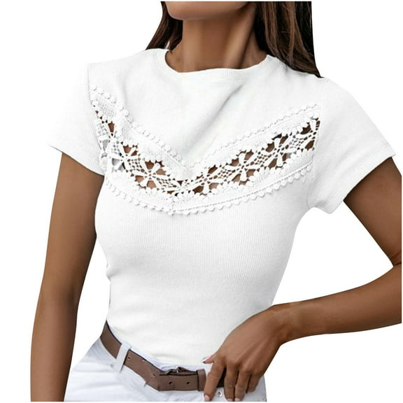 XFLWAM Women's Crew Neck Short Sleeve Ribbed Knit Tops Solid Color Lace Hollow Dressy Casual Work Shirts White S