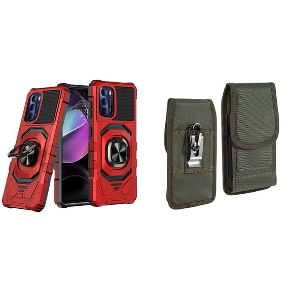 Case with Belt Holster Bundle for Moto G Stylus 5G 2022: Heavy Duty Shield Cover (Red) and Vertical Rugged Nylon Phone Pouch (Midnight Green)