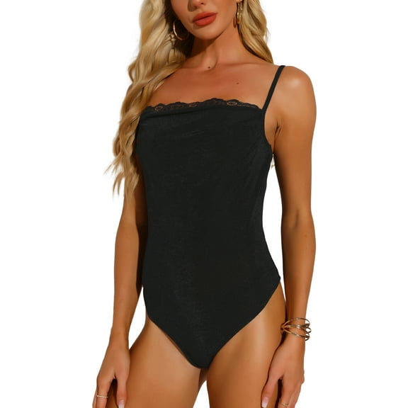 INSPIRE CHIC Women's Ruch Lace Bodysuit Square Neck Casual Party Slimming Bodysuits XS Black