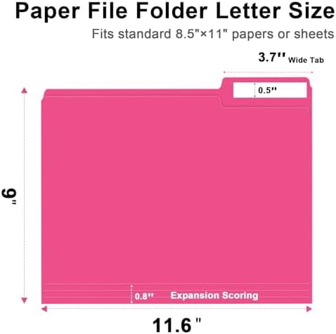File Folder,  150 Pack 1/3 Cut Tab File Folders Letter Size, Magenta, Folders with Tab, Great for Organizing and Easy File Storage