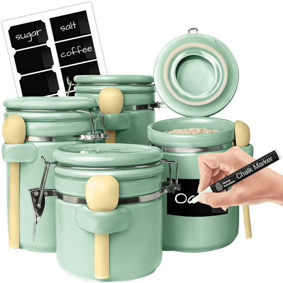 Home Intuition 4-Piece Ceramic Kitchen Canisters Set, Airtight Containers with Wooden Spoons Reusable Chalk Labels and Marker for Sugar, Coffee, Flour, Tea (Mint)