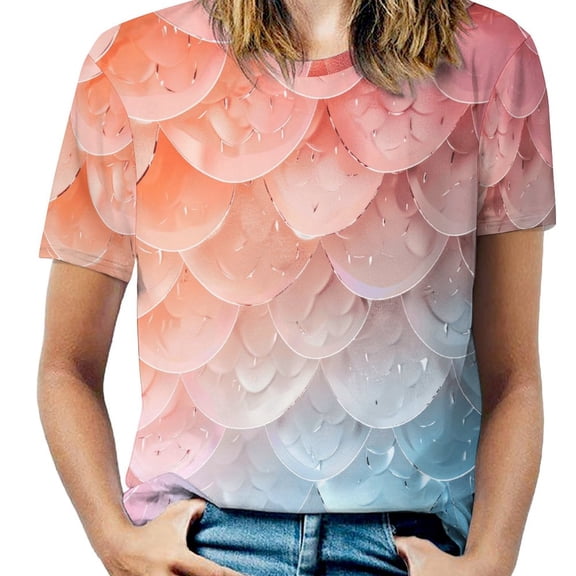 Mermaid Fish Scales Women's Short Sleeve T-Shirt Crew Neck Casual Summer Trendy Loose Fit Tops