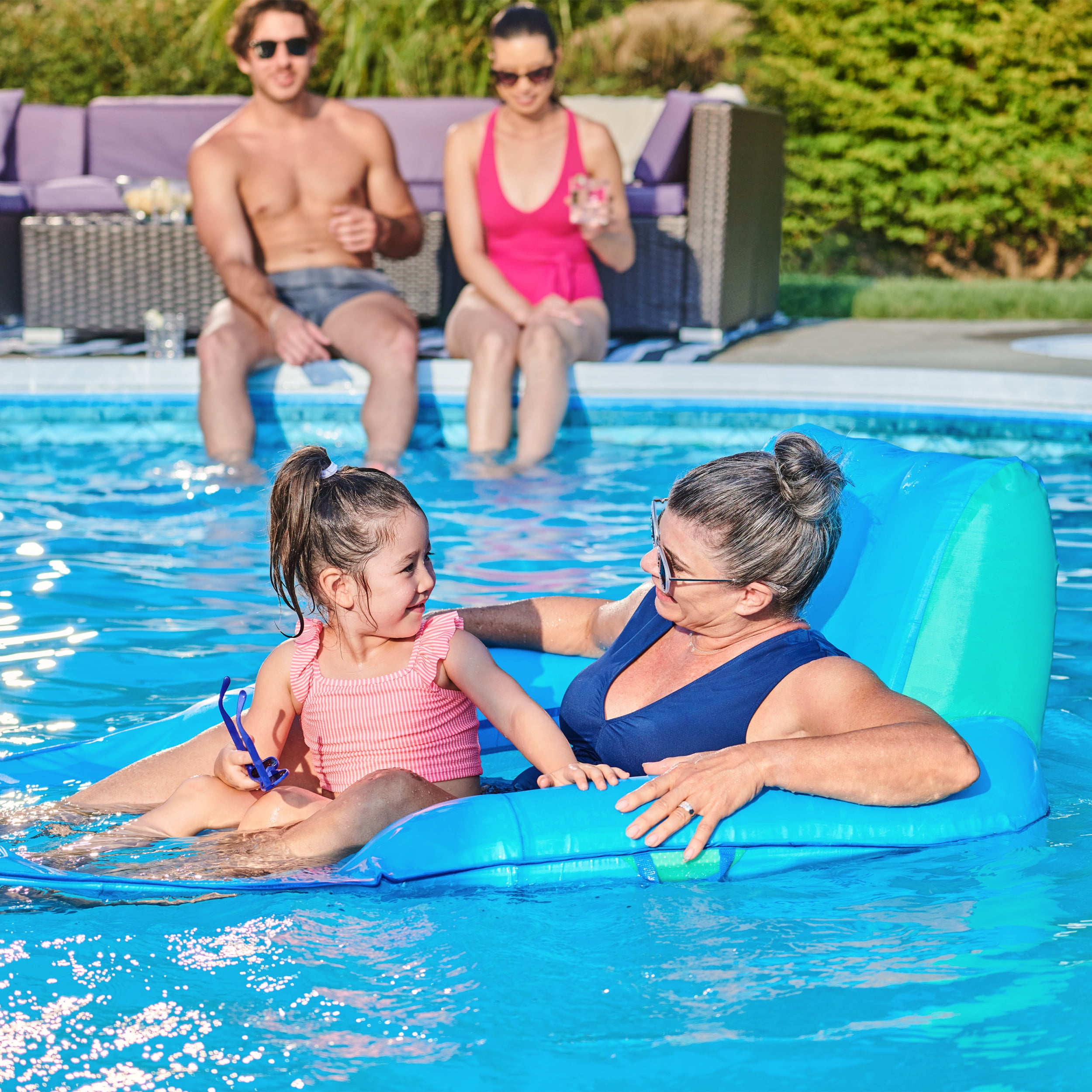 SwimWays Spring Float Premium XL Recliner Chair for Swimming Pool, Inflatable Pool Floats Adult with Fast Inflation, Cup Holder & Foot Rest, Supports Up to 300 lbs, Blue
