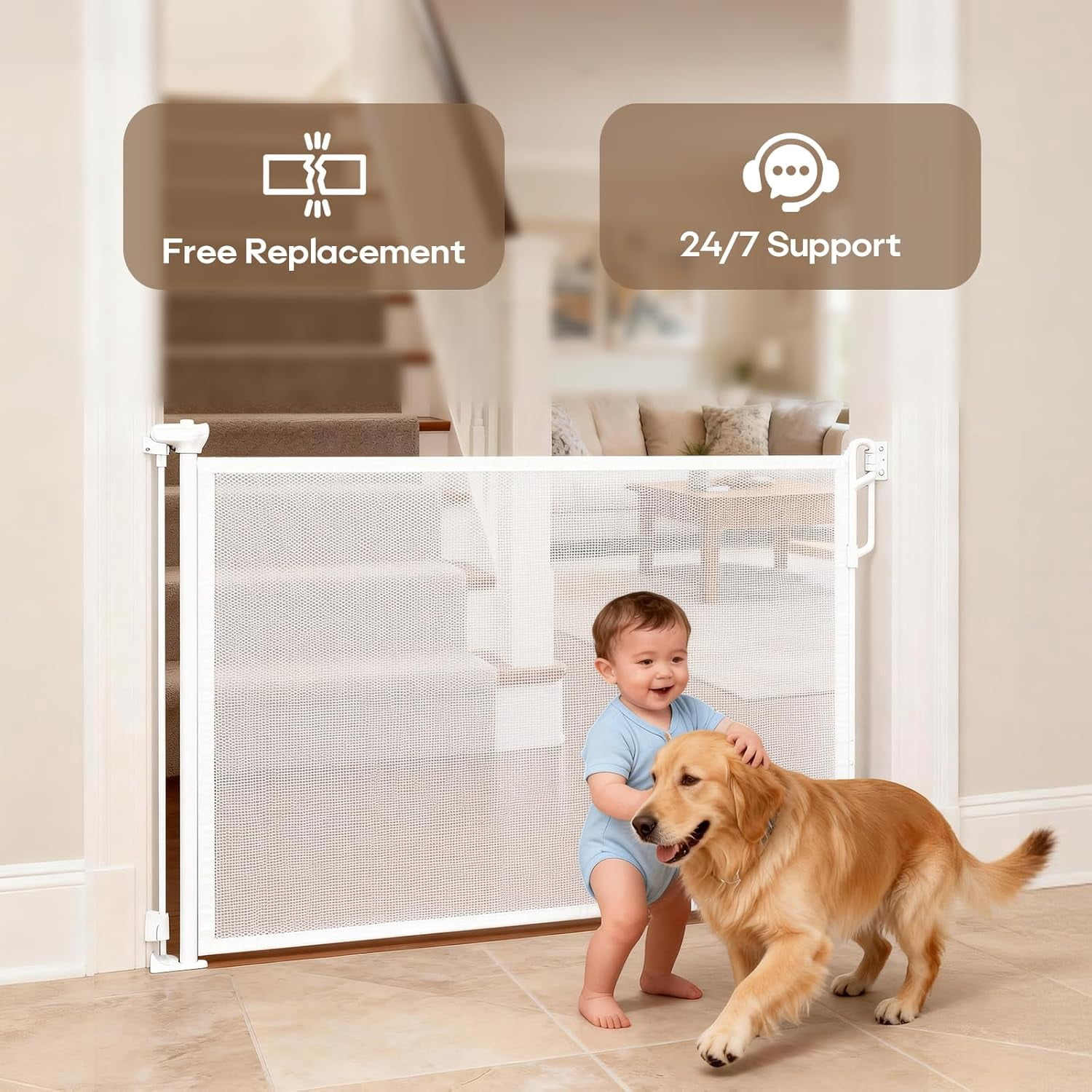 Retractable Safety Baby Gate or Mesh Dog Gate,Durable Portable Mesh Retractable Gate,Easy to Use for Stairs, Doorways, Hallways, Indoor, Outdoor, 33.5" Tall, Up to 55" Wide, Cream