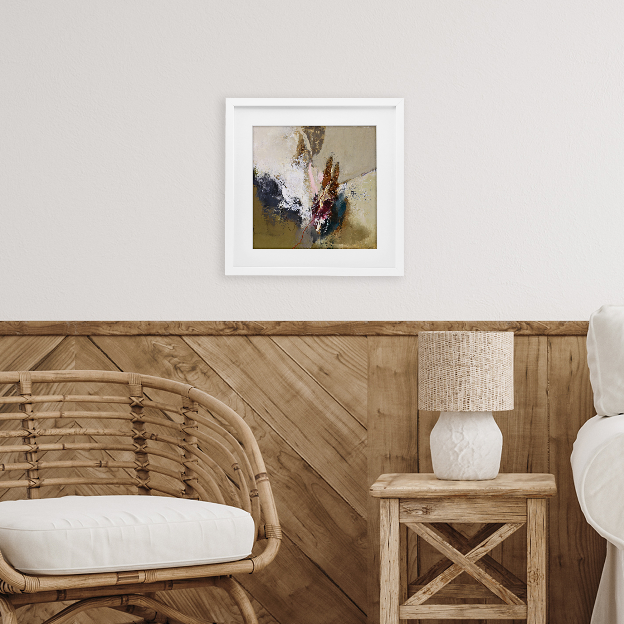 Earthy Mood Composition White Framed Print Under Glass, design by Design Fabrikken
