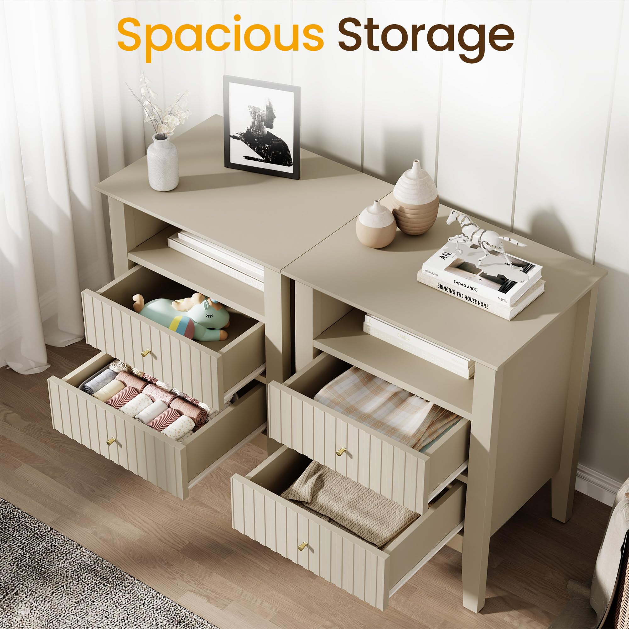 Heynemo Beige Fluted Nightstand with 2 Drawers Set of 2, Modern Wooden Sofa Table for Small Spaces, Tall End Table for Bedroom, Living Room