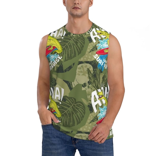 Balery Surfing Dinosaur Camisetas sin mangas para hombre, absorbe la humedad y protege contra el mal olor.-3X-Large