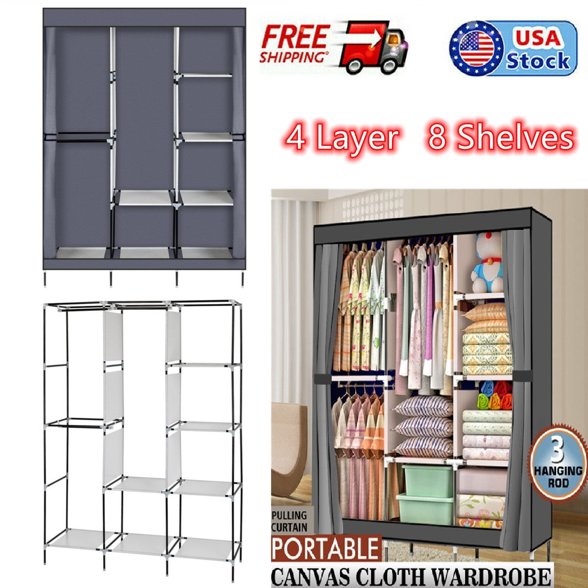 71" Portable Closet Shelves Organizer, Rolling Door Wardrobe Non-Woven  Fabric Storage Organizer No-Tool Assembly,8 Stoarge Shelves+ 3 Clothes  Hanging Rail(125*43.18*180cm),Gray - Walmart.com