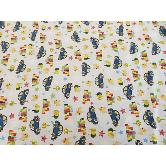 Lewis & Irene Tossed Dogs Cars City Life Stars Muticolor Blue 100% Cotton Fabric sold by the yard