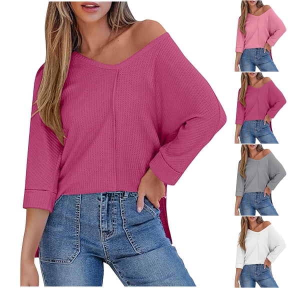 Olyvenn Womens 3/4 Length Sleeve Waffle Knit Tops Casual Summer Trendy Off The Shoulder T Shirts Loose Fit V Neck Tunic Tops Gray M