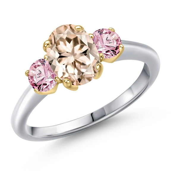 Gem Stone King 10K Two Tone Gold Peach Morganite and Pink Lab Grown Diamond Engagement Ring for Women | 1.50 Cttw | Oval 8X6MM | Gemstone October Birthstone | Size 7