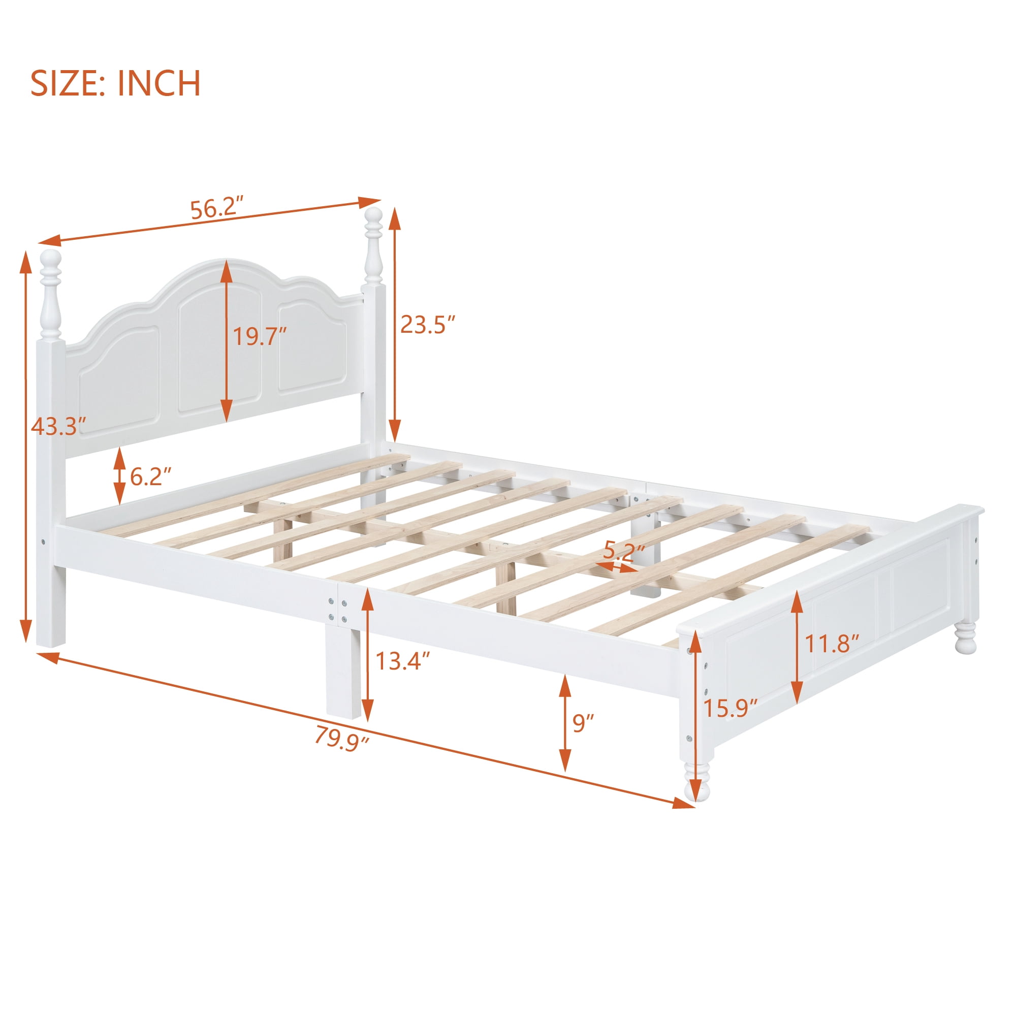 Euroco Wood Full Size Platform Bed with Retro Style Headboard, White