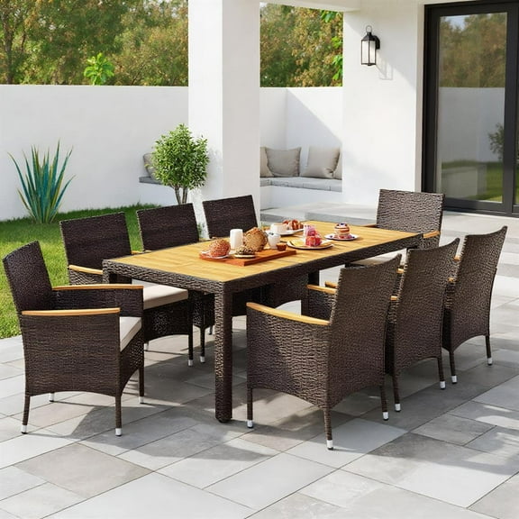 Topcobe 9 Piece Outdoor Dining Set with Acacia Wood Table Top, Outdoor Patio Furniture for Garden Backyard Pool Deck-White