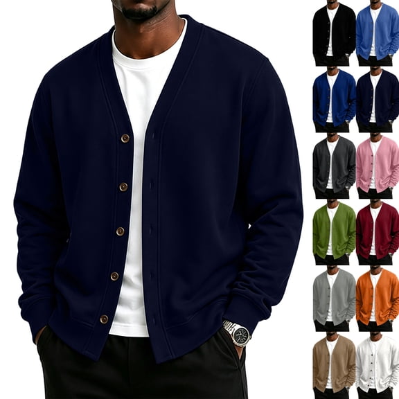 V‑Neck Loose Fit Cardigan for Men Long Sleeve Button Down Casual Coat Soft Stretch Fall Basic Jacket for Work Travel Hiking Daily Wear,3XL,Black