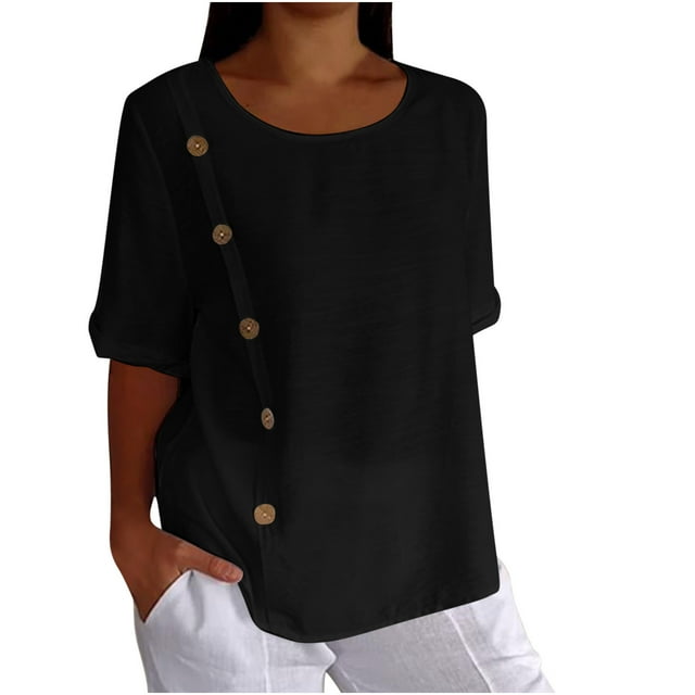 Timegard Womens Cotton Linen Tops Summer Half Sleeve Round Neck Button Casual Loose Shirts Top Blouse