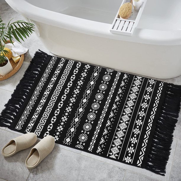 Boho Bathroom Rug 2'x3', Small Black and White Area Rug with Tassel