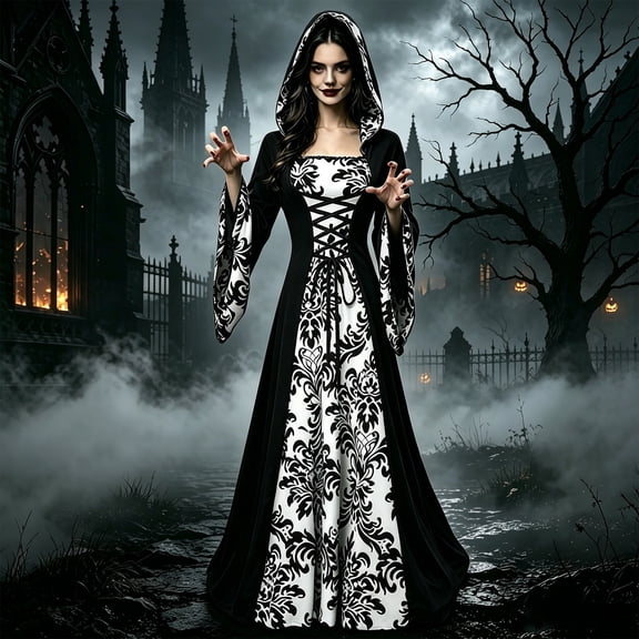 Ynynloco Colorful House Womens Medieval Renaissance Princess Retro Gown Costume Dress Vintage Vampire Halloween Hooded Gown