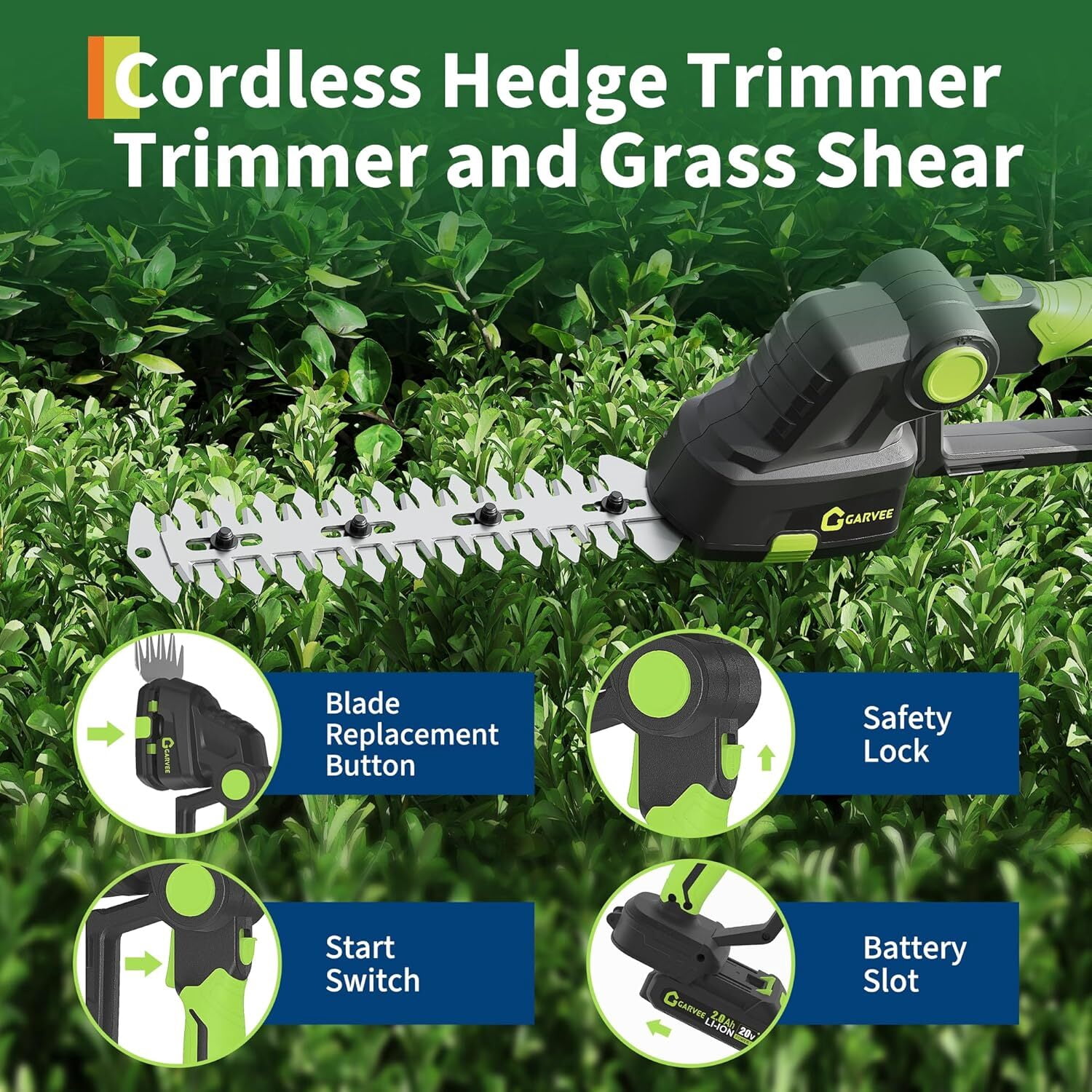 Garvee 2-in-1 Cordless Hedge Trimmer, 20V Lightweight Grass Shears & Hedge Trimmer with 2.0Ah Battery and Charger, Green/Black