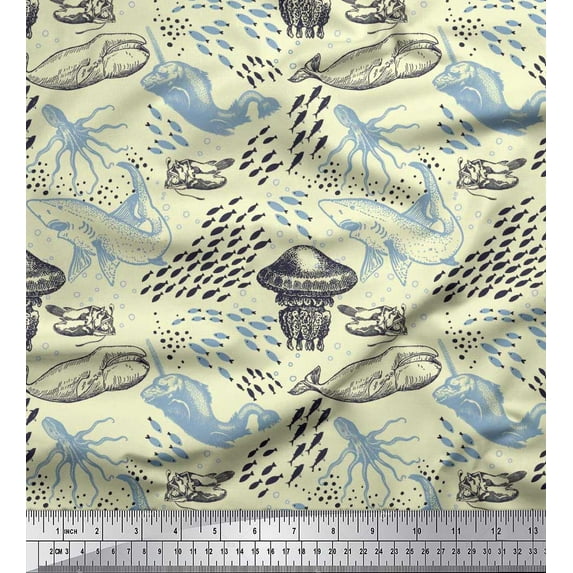 Soimoi Polyester Crepe Fabric Octopus,Whale & Jellyfish Ocean Print Fabric by Yard 52 Inch Wide