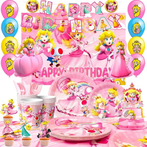 Super Bros Princess Peach Birthday Party Supplies, 122pcs Princess Peach Party Decorations & Tableware Set Including Princess Peach Cake Topper Backdrop Napkins etc Princess Peach Themed Supplies