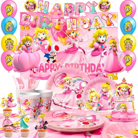Super Bros Princess Peach Birthday Party Supplies, 122pcs Princess Peach Party Decorations & Tableware Set Including Princess Peach Cake Topper Backdrop Napkins etc Princess Peach Themed Supplies
