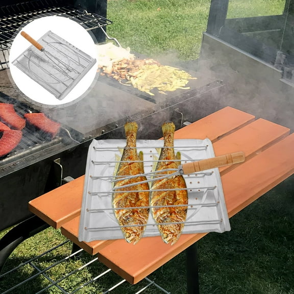 FRCOLOR Worgeous 1 Set Grill Basket Stainless Steel Multi Functional Wire Steaming Cooling Baking Barbecue Rack With Wooden Handle